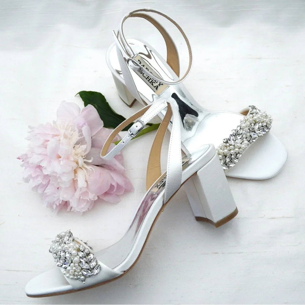 Badgley Mischka Clara, White Block Heels, Pearl & Crystal Trim at Toe - Picture 1 of 3